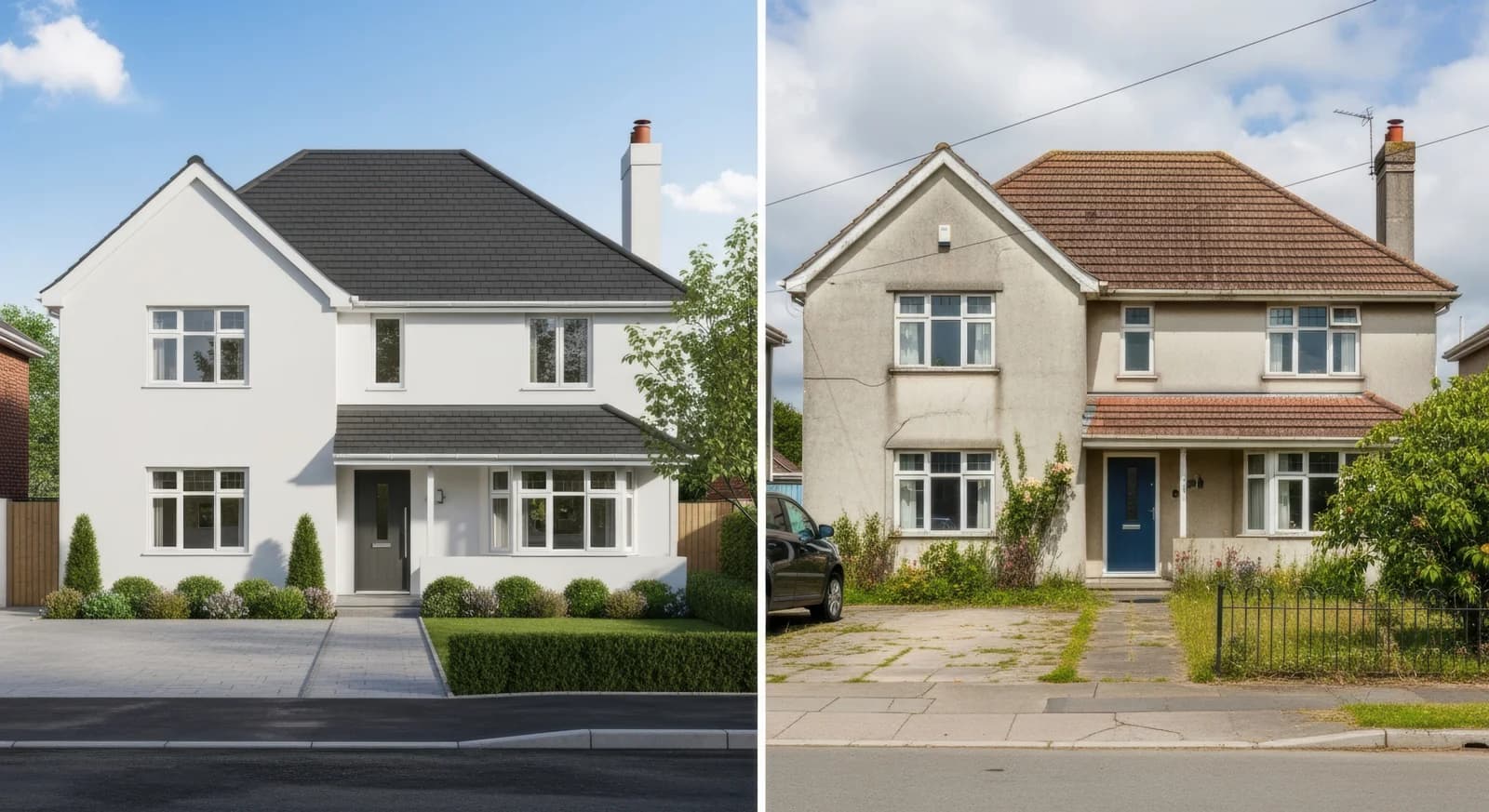 Einfamilienhaus vor und nach der Fassadensanierung: links frisch gestrichen und saniert, rechts verwittert